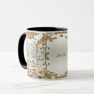 Tasse mit goldenen, verzierten weißen Blumen