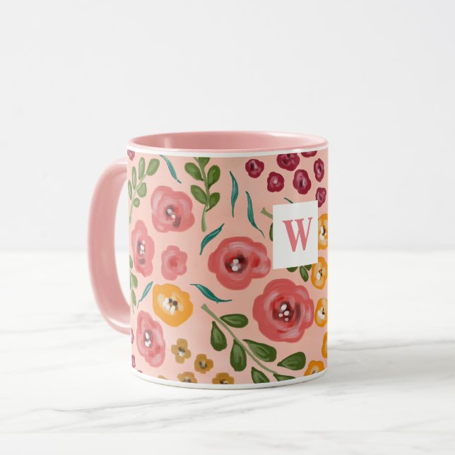 Tasse mit handbemaltem Blütenpinsel (Vorderseite Links)
