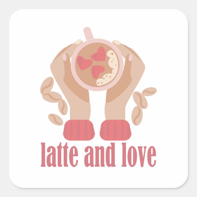 Tasse mit Liebe, Händchen und Kaffee - Angebot Quadratischer Aufkleber (Vorderseite)