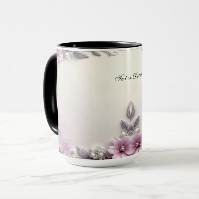 Tasse mit rosa Blumenrahmen (Vorderseite Links)