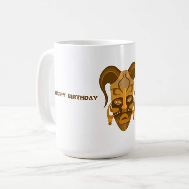 TASSE MIT STARKER MASKKUNST , GEBURTSTAG (Vorderseite Links)