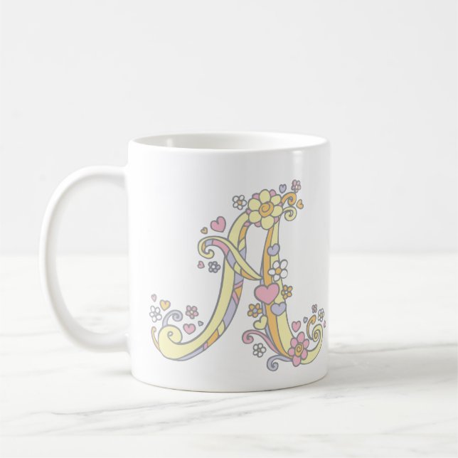 Tasse monogramme décoratif A cœurs et fleurs (Gauche)
