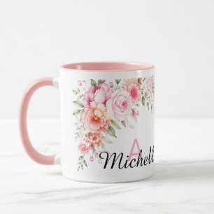 Tasse Monogramme Florale Aquarelle Rose Nom Person