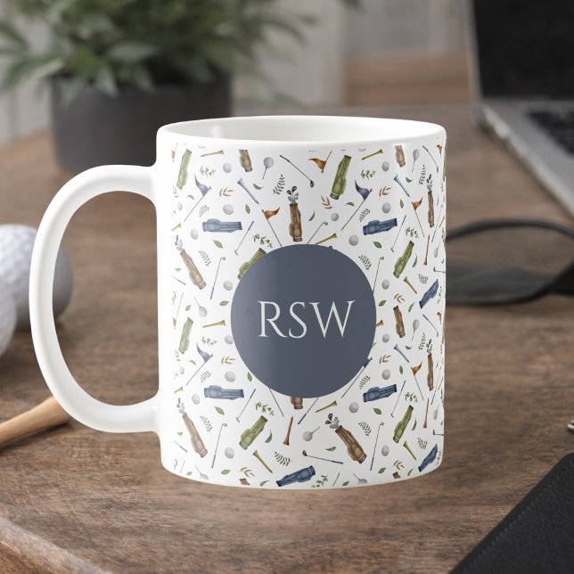 Tasse Monogramme Motif Golf Bleu Vert Aquarelle (Créateur téléchargé)
