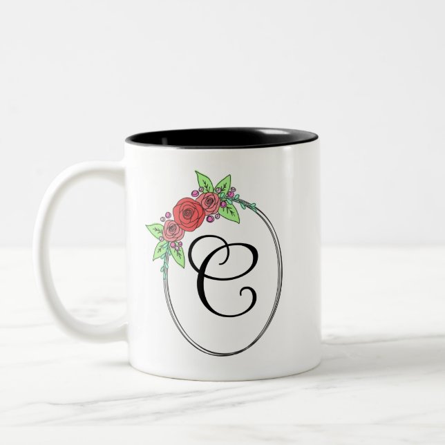 Tasse monogrammée à motif floral corail (Gauche)