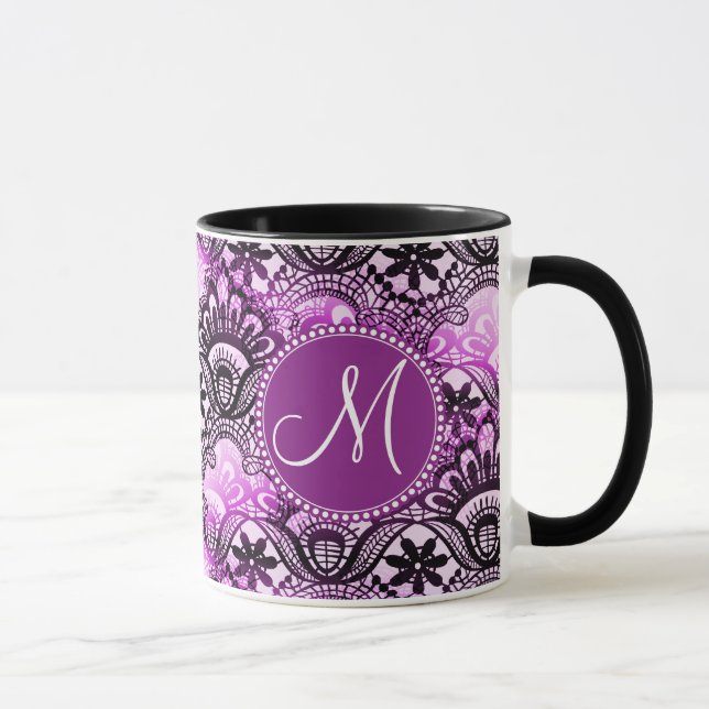 Tasse Motif de Damas de dentelle violette personnalisé (Droite)