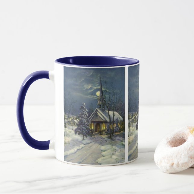 Tasse Noël Vintage, Église d'hiver en Neige avec Lune (Avec donut)