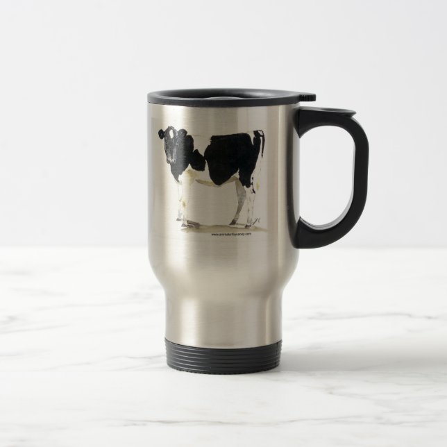 tasse noire et blanche de voyage de vache (Droit)