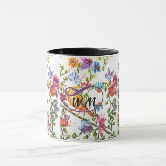 TASSE OISEAU JAUNE FLEURS DE COULEUR D'EAU WHIMSIQUE (Centre)