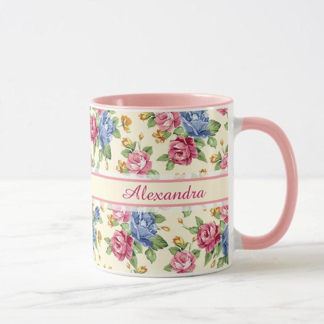 Tasse Pastel Fleur romantique Rose, Rouge, Bleu Nom Rose (Droite)