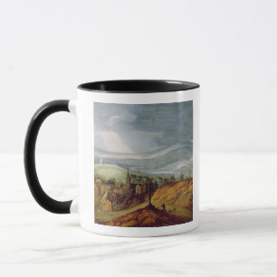 Tasse Paysage rural avec un pèlerin se mettant à genou