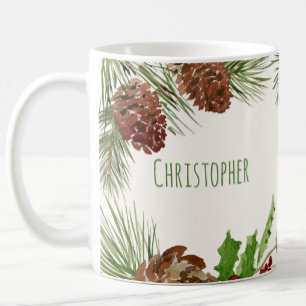 Tasse personnalisée avec verdure hivernale et houx