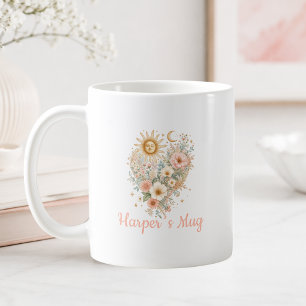 Tasse personnalisée Boho Floral Cœur Soleil Lune