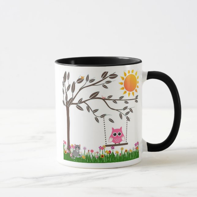 Tasse Petit hibou rose balançant sur une branche d'arbre (Droite)