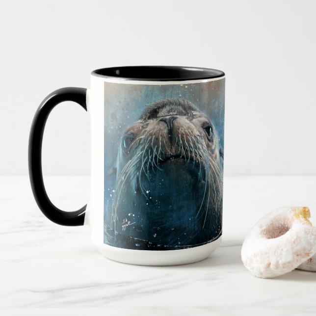 Tasse Photographie du lion de mer mignon aquarelle (Avec donut)