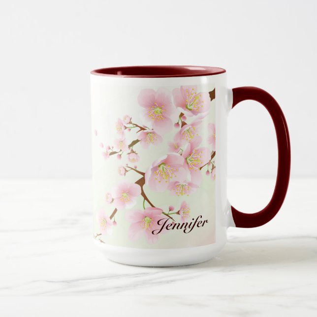 Tasse Pink and White Cherry Blossom Nature Monogram (Droite)