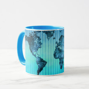 Tasse Rayures bleues au néon de la carte   du monde