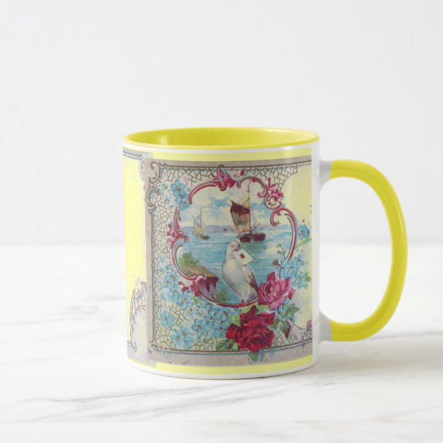 TASSE ROMANTICA, ROSES FLORAUX BLEU JAUNE ROSE AVEC DOVE (Droite)