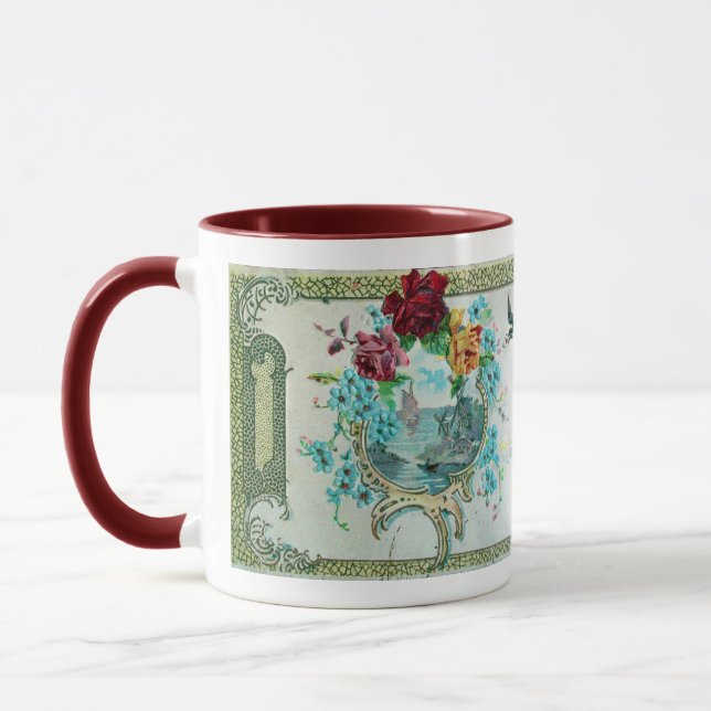 TASSE ROMANTIQUE, ROSES FLORAUX ROSE BLEUE AVEC FEU (Gauche)