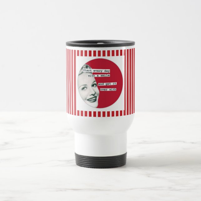 Tasse rouge de voyage de rayure de rétro SOURIRE (Centre)