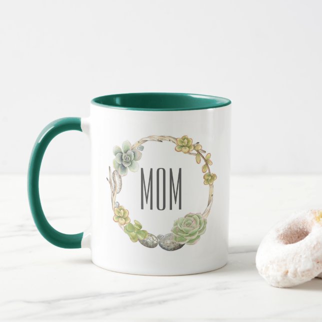 Tasse Succulents, brindilles et jour de mère des pierres (Avec donut)