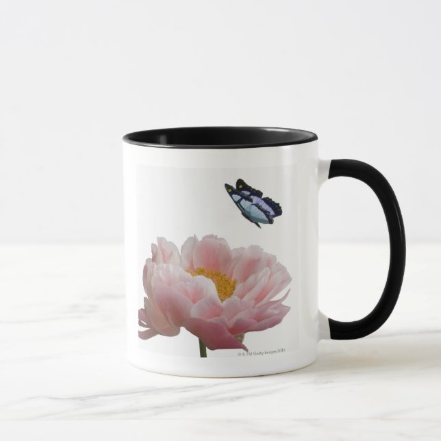 Tasse une grande pivoine rose est visitée par un éthéré (Droite)