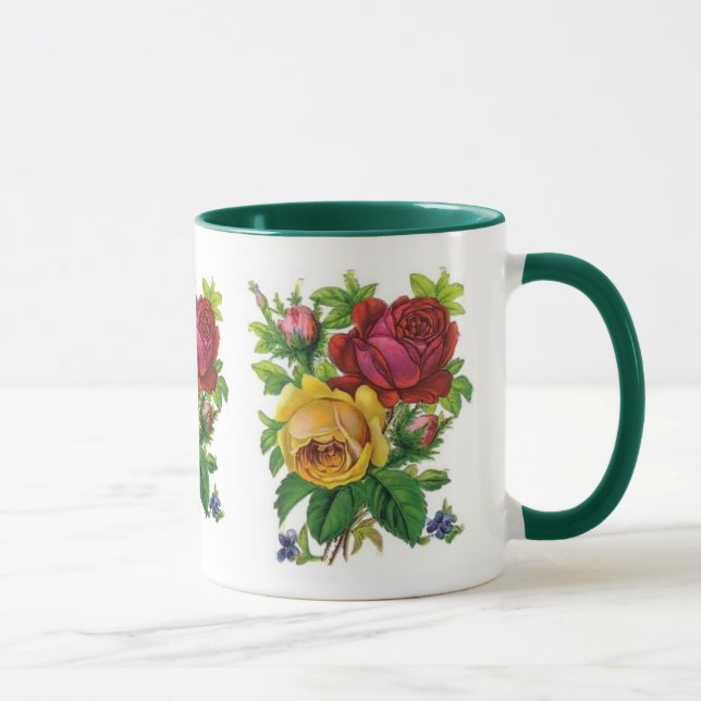 Tasse Vintage Blumengelbe Rote Rose Grün (Rechts)