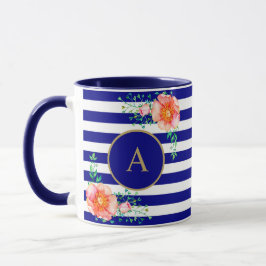 Tasse Vintage Floral or Monogramme Marine Blanc rayé