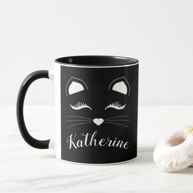 Tasse Visage de chat noir et blanc (Avec donut)