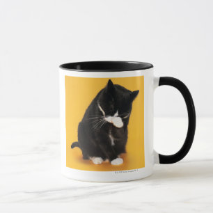 Tasse Visage noir et blanc de nettoyage de chat avec la