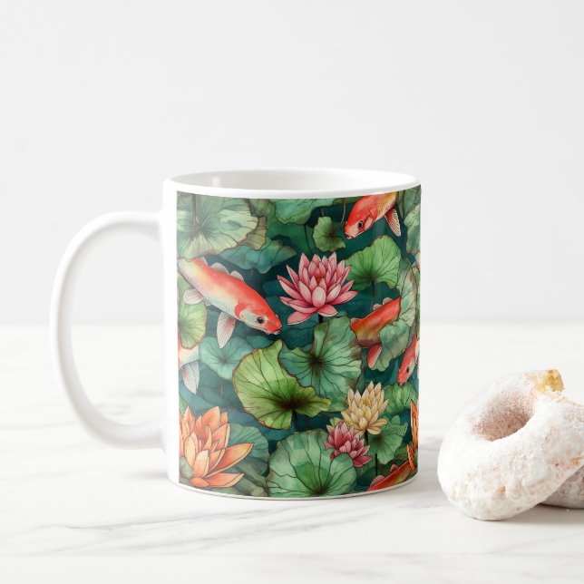 Tasse Wasserfarbe Koi und Wasserlilien (Mit Donut)