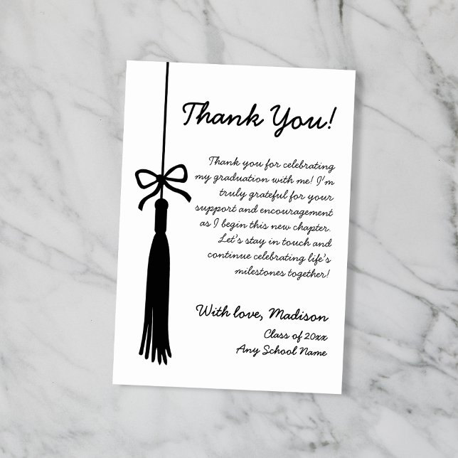 Tassel Bow Black & White Class Of 2026 Graduation Dankeskarte (Tassel Bow Black & White Class Of 2026 Graduation Thank You Card)