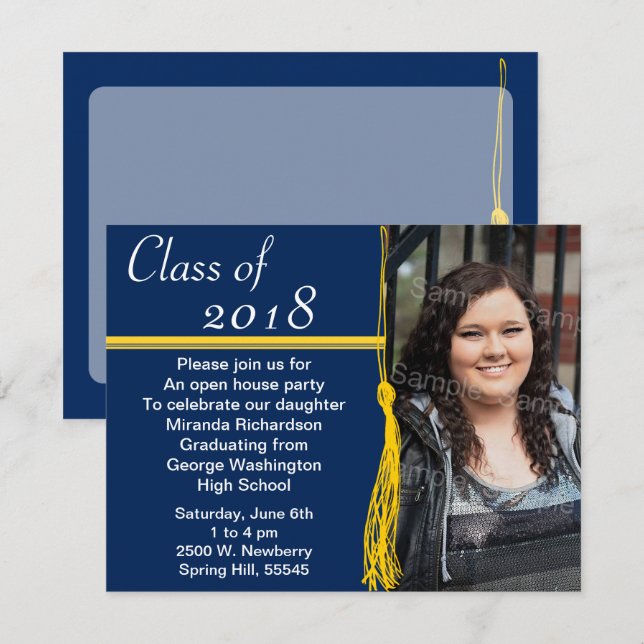 Tassel Foto Graduation Party Gelb und Blau Einladung (Vorne/Hinten)