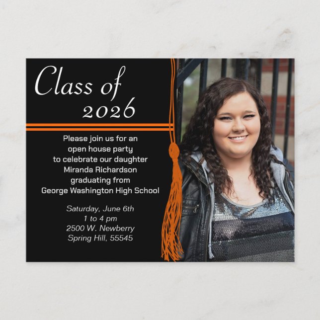 Tassel Orange & Black Graduation Party Einladungspostkarte (Vorderseite)