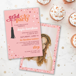 Tassel & Stars Pink Retro Script Grad Party Einladung