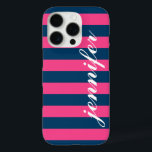 Tastrosa und Navy Strips, benutzerdefinierte Skrip title_seo2<br><div class="desc">Dress up and protect your iphone with a preppy,  modern and fett gestreifte pattern design,  that is custom mit Monogramm with your first name in a Kleinbuchstaben script Schriftart. Dunkle Marine / indigoblau und heiß magenta rosa horizontale Streifen kontrastiert mit weißem Text.</div>