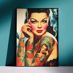Tätowierer Mädchen im Retro-Stil Poster
