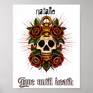 Tätowierskull und Rose in Schwarzweiß Poster