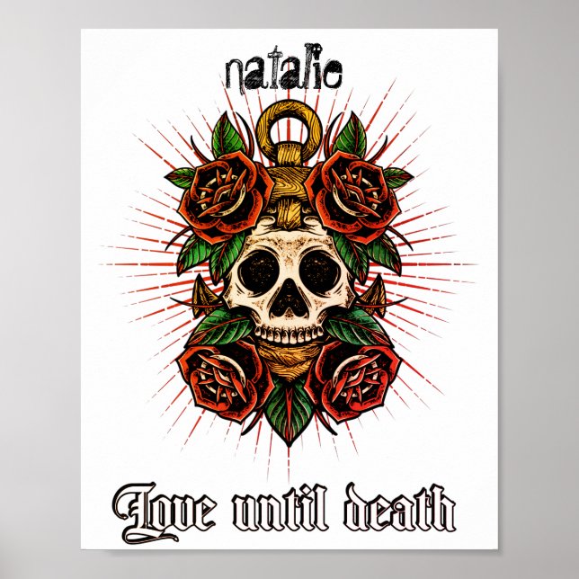 Tätowierskull und Rose in Schwarzweiß Poster (Vorne)
