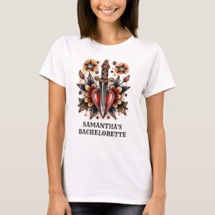 Tätowierstil Herz-Dolch Retro-Junggesellinnenparty T-Shirt
