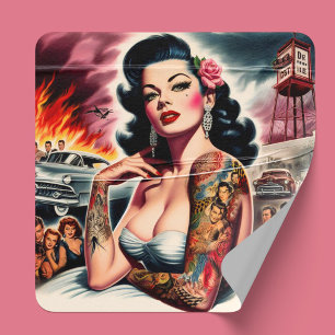Tätowierte Vintage Pin-up Quadratischer Aufkleber