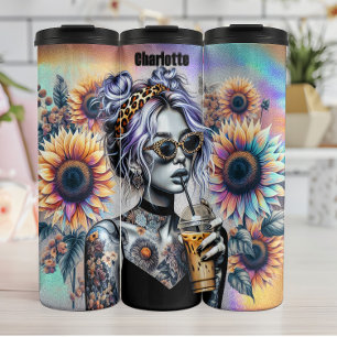 Tätowierter Sonnenblumenblätterkaffee Cool Thermosbecher