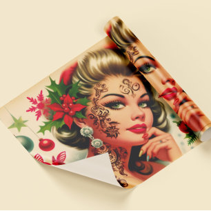 Tätowiertes Weihnachtsmädchen im Vintage-Stil Geschenkpapier