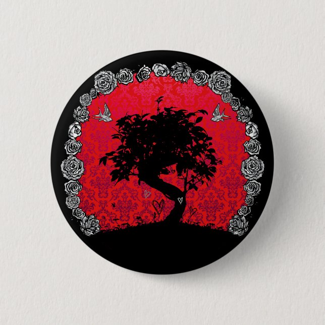 Tätowierungs-Rosen-Bonsais-Baum der Liebe-Schwalbe Button (Vorderseite)