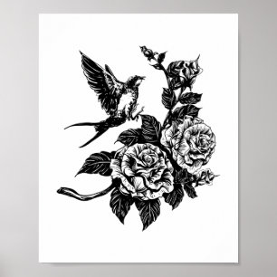 Tätowierungsart für Vögel und Rose Poster
