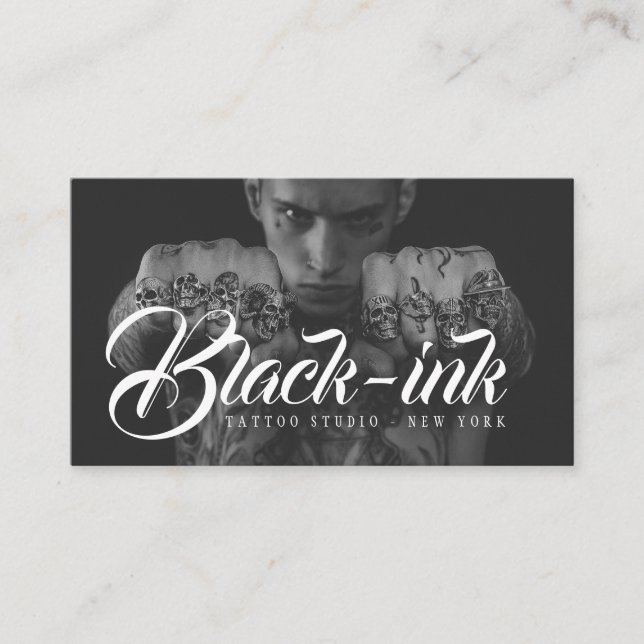 Tattoo artist black Foto white script kalligraphy Visitenkarte (Vorderseite)
