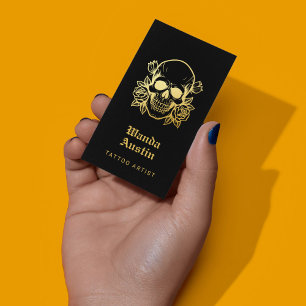 Tattoo Artist Gothic Black and Gold Blumenschädel Visitenkarte