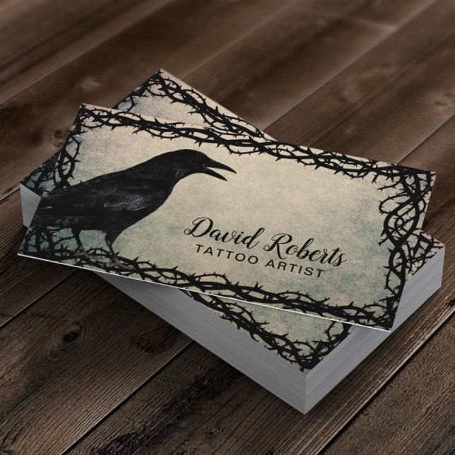 Tattoo Artist Gothic Crow Thorn Rahmen Grunge Visitenkarte (Von Creator hochgeladen)