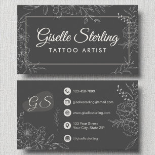 Tattoo Artist Moody Charcoal Gray Floral Moderne Visitenkarte