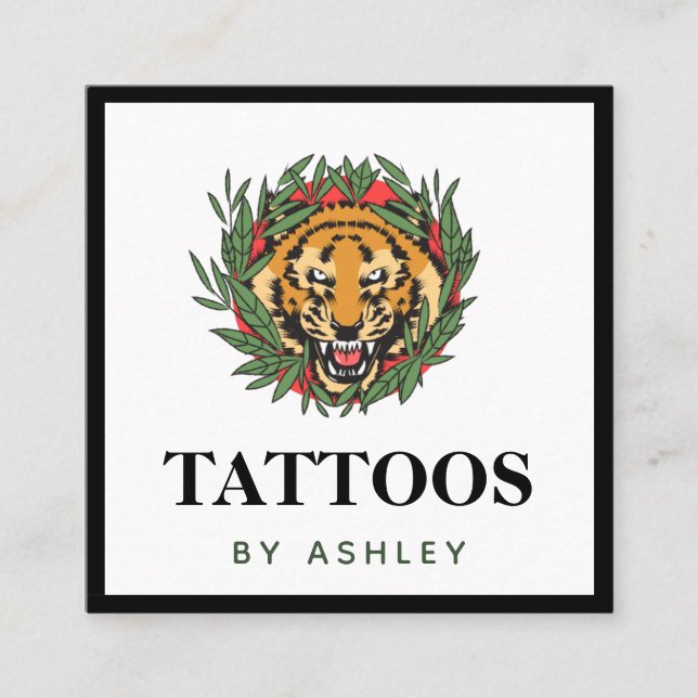 Tattoo Artist Wild Tiger Illustration Bold Trendy Quadratische Visitenkarte (Vorderseite)